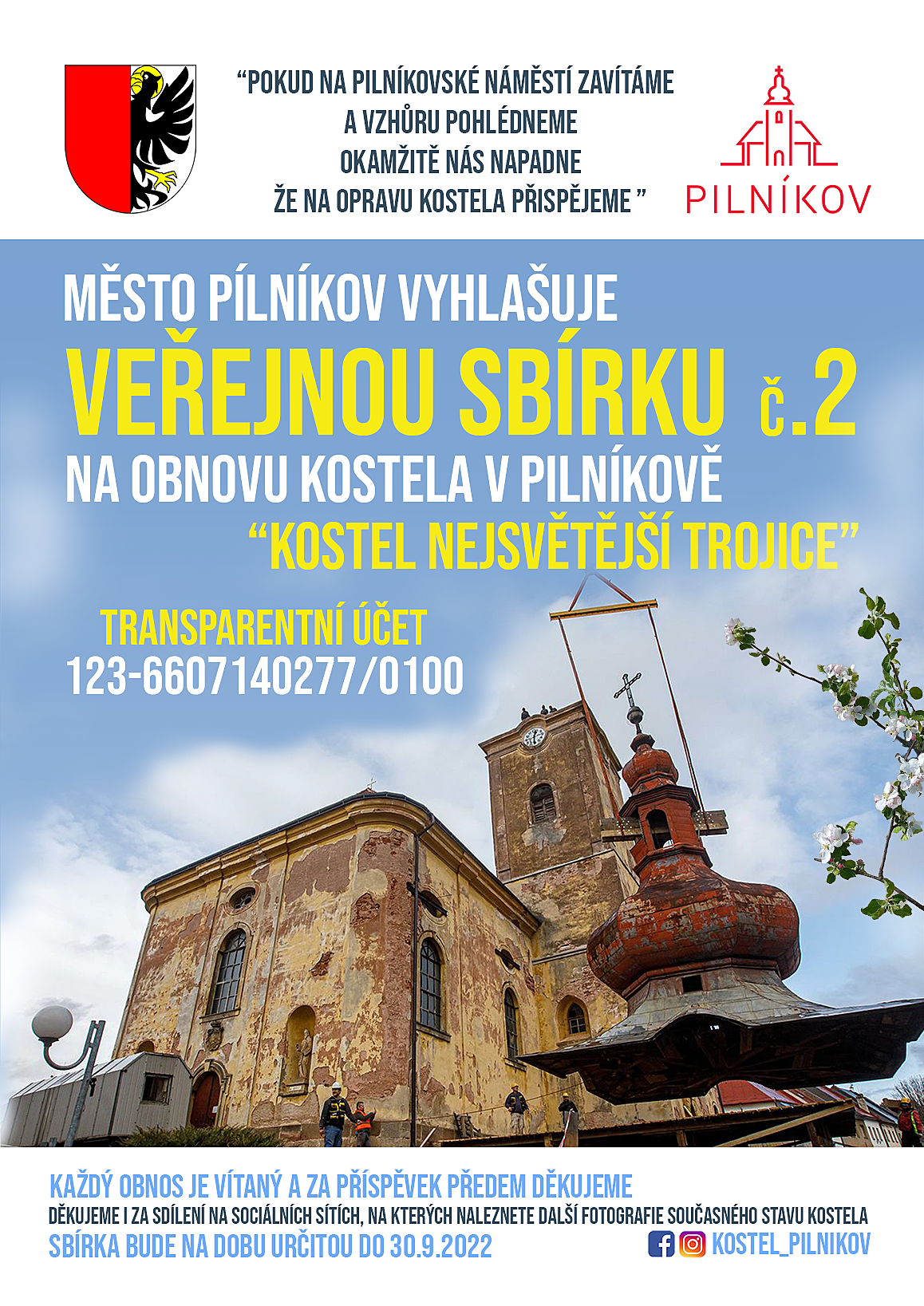 Město Pilníkov vyhlašuje veřejnou sbírku za účelem získání finančních prostředků na obnovu kostela v Pilníkově